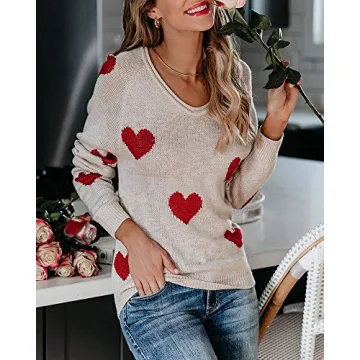 Lightweight Off Shoulder Heart Print Pullover Sweater