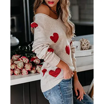 Lightweight Off Shoulder Heart Print Pullover Sweater