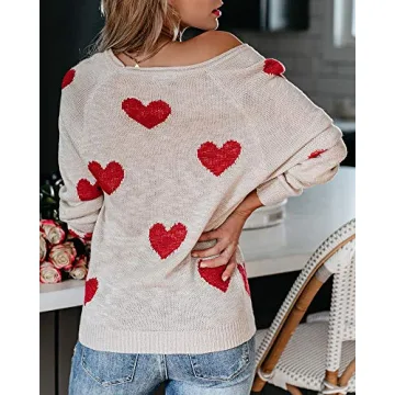 Lightweight Off Shoulder Heart Print Pullover Sweater