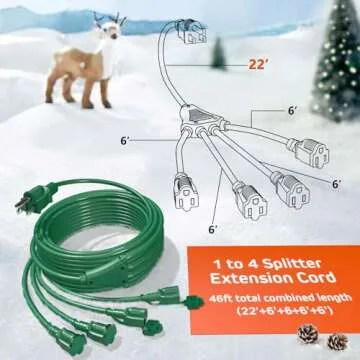 Eversimpleinc 1 to 4 Splitter Extension Cord (Combined 46 FT, End to End 28 FT), 3 Prong Plug with 4...