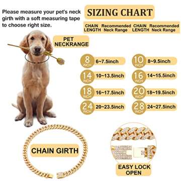 Flatfoosie Cuban Link Dog Collar Gold Silver Color Metal Dog Chain Collar Cuban Diamond Chain Pet Collars for Dogs Cats Jewelry 8/10/14/16/18/20/24/28 Inch (20inch, Gold)