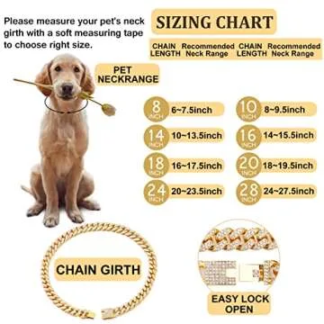Flatfoosie Cuban Link Dog Collar Gold Silver Color Metal Dog Chain Collar Cuban Diamond Chain Pet Collars for Dogs Cats Jewelry 8/10/14/16/18/20/24/28 Inch (20inch, Gold)