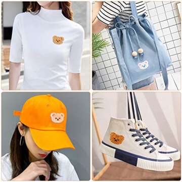 PAGOW 16 PCS Bear Embroidery Patch, Cute Cartoon Bear Patches,Iron On Embroidered Applique Sewing Patches for Bags, Jackets, Jeans, Clothes DIY Accessory (4 Colors: White, Pink Yellow, Khaki, Apricot)