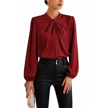 Women's Summer Solid Elegant Mock Neck Lantern Long Sleeve Blouse Shirt Twist Front Top Wine Red S