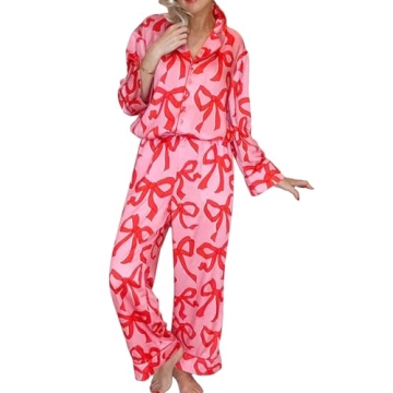 Covvoliy Christmas Pajamas for Women - Bow Print Sleepwear Set (Pink, XL)