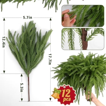 Rowfad 12 Pcs Christmas Norfolk Pine Branches, Norfolk Pine Artificial Christmas Stems DIY Crafts Faux Christmas Greenary Norfolk Pine Branches for Xmas Wreath Garland Home Decor (12)