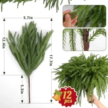 Rowfad 12 Pcs Christmas Norfolk Pine Branches, Norfolk Pine Artificial Christmas Stems DIY Crafts Faux Christmas Greenary Norfolk Pine Branches for Xmas Wreath Garland Home Decor (12)