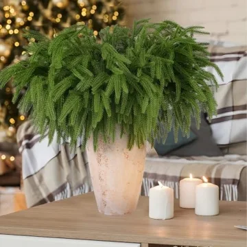 Rowfad 12 Pcs Christmas Norfolk Pine Branches, Norfolk Pine Artificial Christmas Stems DIY Crafts Faux Christmas Greenary Norfolk Pine Branches for Xmas Wreath Garland Home Decor (12)