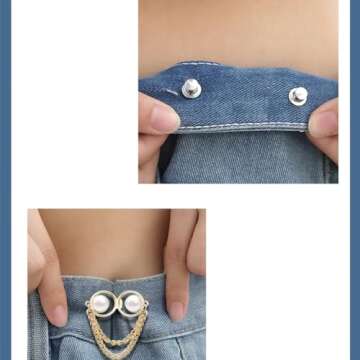 4 Pairs Pearl Chain Button Pins for Loose Jeans No Sewing Adjustable Detachable Decorative Waist Buckles Jeans Fit Tighten Buckles (gold chain)