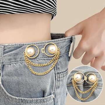 4 Pairs Pearl Chain Button Pins for Loose Jeans No Sewing Adjustable Detachable Decorative Waist Buckles Jeans Fit Tighten Buckles (gold chain)
