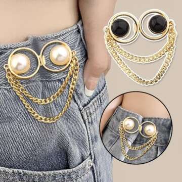 4 Pairs Pearl Chain Button Pins for Loose Jeans No Sewing Adjustable Detachable Decorative Waist Buckles Jeans Fit Tighten Buckles (gold chain)