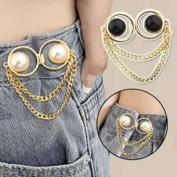 4 Pairs Pearl Chain Button Pins for Loose Jeans No Sewing Adjustable Detachable Decorative Waist Buckles Jeans Fit Tighten Buckles (gold chain)
