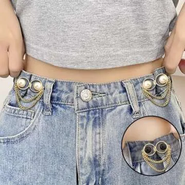 4 Pairs Pearl Chain Button Pins for Loose Jeans No Sewing Adjustable Detachable Decorative Waist Buckles Jeans Fit Tighten Buckles (gold chain)