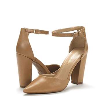 DREAM PAIRS Women's Coco High Heels Chunky Block Pumps Pointed Closed Toe Ankle Strap Dress Shoes,Size 7,Nude/Pu,Coco