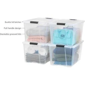 IRIS USA 72 Qt Stackable Plastic Storage Bins with Lids, 4 Pack - BPA-Free, Made in USA - See-Through Organizing Solution, Latches, Durable Nestable Containers, Secure Pull Handle - Clear