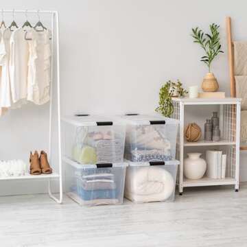 IRIS USA 72 Qt Stackable Plastic Storage Bins with Lids, 4 Pack - BPA-Free, Made in USA - See-Through Organizing Solution, Latches, Durable Nestable Containers, Secure Pull Handle - Clear