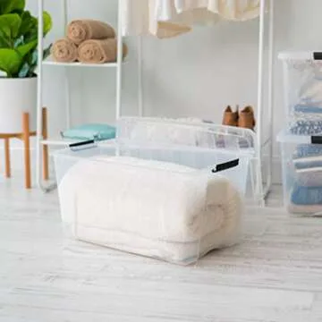 IRIS USA 72 Qt Stackable Plastic Storage Bins with Lids, 4 Pack - BPA-Free, Made in USA - See-Through Organizing Solution, Latches, Durable Nestable Containers, Secure Pull Handle - Clear