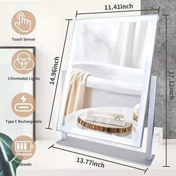 SLIMOON Lighted Makeup Mirror, Hollywood Vanity Mirror with Lights and Detachable 10X Magnification Mirror, 3 Color Lights, 1000mAh Rechargeable Makeup Mirror with Lights, 360° Rotation, Touch Control