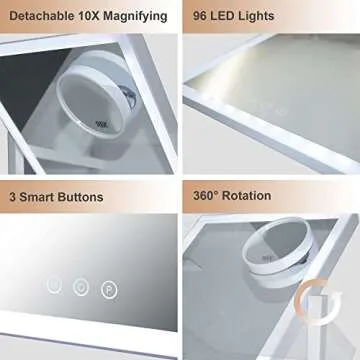 SLIMOON Lighted Makeup Mirror, Hollywood Vanity Mirror with Lights and Detachable 10X Magnification Mirror, 3 Color Lights, 1000mAh Rechargeable Makeup Mirror with Lights, 360° Rotation, Touch Control