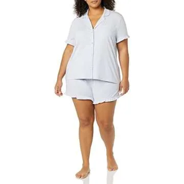 Amazon Essentials Women's Cotton Modal Piped Notch Collar Pajama Set (Available in Plus Size), Pale Blue, Small