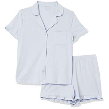 Amazon Essentials Women's Cotton Modal Piped Notch Collar Pajama Set (Available in Plus Size), Pale Blue, Small