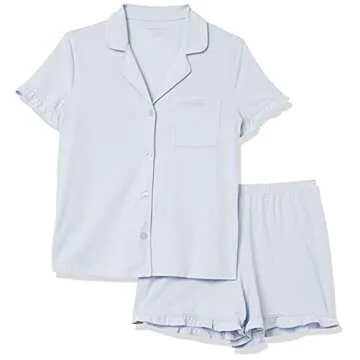 Amazon Essentials Women's Cotton Modal Piped Notch Collar Pajama Set (Available in Plus Size), Pale Blue, Small