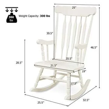 Giantex Outdoor Wood Rocking Chair - Patio Rocking Chair with Solid Rubber Wood Frame, Slat Back, Outside & Indoor Rocker for Garden, Poolside, Balcony, Backyard, Lawn, Front Porch Rocker, White