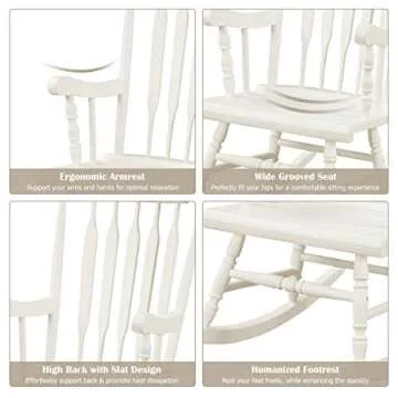 Giantex Outdoor Wood Rocking Chair - Patio Rocking Chair with Solid Rubber Wood Frame, Slat Back, Outside & Indoor Rocker for Garden, Poolside, Balcony, Backyard, Lawn, Front Porch Rocker, White