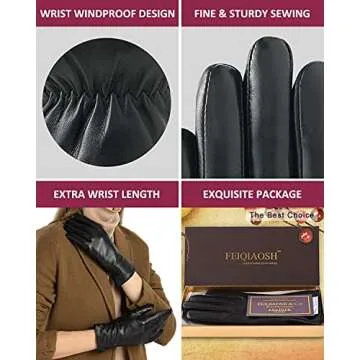 FEIQIAOSH Winter Leather Gloves for Women, Premium Sheepskin Warm Gloves for Cold Weather, Fleece Lining Touch Screen Glove