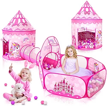 GeerWest 3PC Princess Tent for Girls with Kids Ball Pit and Crawl Tunnel for Toddlers, Pink Pop Up P...