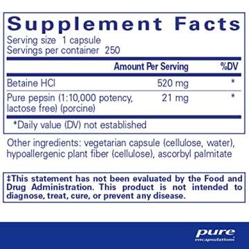 Pure Encapsulations Betaine HCl Pepsin - Digestive Aids for Nutrient Function Support, 250 Capsules