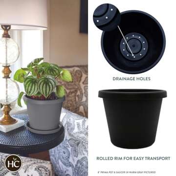 The HC Companies 14 Inch Round Prima Planter - Plastic Plant Pot with Rolled Rim for Indoor Outdoor Plants Flowers Herbs, Black