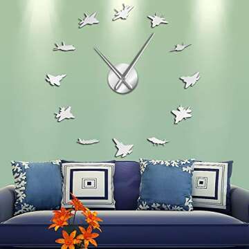 The Geeky Days 12 War Plane Military Wall Art Aircraft Decor Stickers Battle Planes Airplanes DIY Giant Wall Clock Aviation Large Clock Watch(Silver)