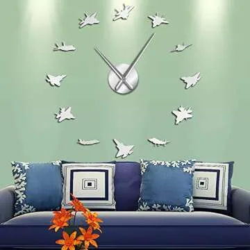 The Geeky Days 12 War Plane Military Wall Art Aircraft Decor Stickers Battle Planes Airplanes DIY Giant Wall Clock Aviation Large Clock Watch(Silver)