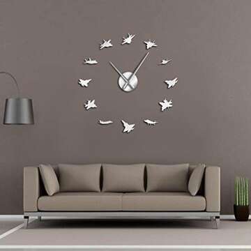 The Geeky Days 12 War Plane Military Wall Art Aircraft Decor Stickers Battle Planes Airplanes DIY Giant Wall Clock Aviation Large Clock Watch(Silver)