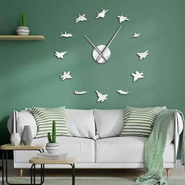 The Geeky Days 12 War Plane Military Wall Art Aircraft Decor Stickers Battle Planes Airplanes DIY Giant Wall Clock Aviation Large Clock Watch(Silver)