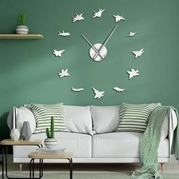 The Geeky Days 12 War Plane Military Wall Art Aircraft Decor Stickers Battle Planes Airplanes DIY Giant Wall Clock Aviation Large Clock Watch(Silver)