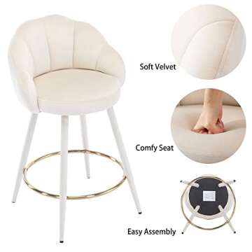 DM Furniture 25.5 Inch Counter Height Barstools Set of 2 Modern Barstools with Back Comfy Velvet Bar Chairs for Kitchen Island/Home Bar/Restaurant, Cream
