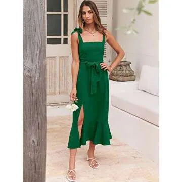 ANRABESS Women's Square Neck Ruffle Split Midi Elegant Formal Wedding Guest Cocktail Bridesmaid Graduation Party Dresses Grass Small