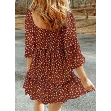 Dokotoo Summer Dresses for Women 2025 Beach Vacation Clothes Boho Smocked Square Neck 3/4 Sleeve Ruf...