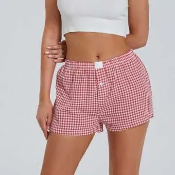 Women Y2K Lounge Shorts Elastic Waist Wide Leg Gingham Boxer Pajama Shorts Casual Plaid Pj Bottom Summer Shorts