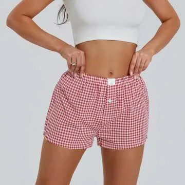 Women Y2K Lounge Shorts Elastic Waist Wide Leg Gingham Boxer Pajama Shorts Casual Plaid Pj Bottom Summer Shorts