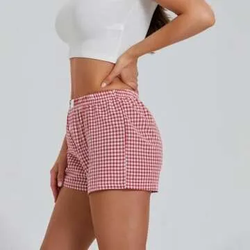Women Y2K Lounge Shorts Elastic Waist Wide Leg Gingham Boxer Pajama Shorts Casual Plaid Pj Bottom Summer Shorts