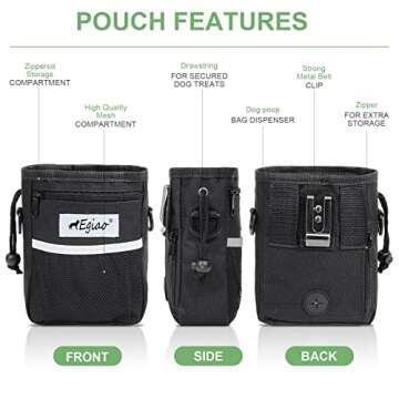 Egiao Dog Treat Pouch with Drawstring Closure, Puppy Training Bag, Built-in Pet Poop Bag Dispenser, Waist Belt Clip, 3 Ways to Wear
