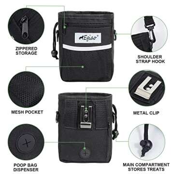 Egiao Dog Treat Pouch with Drawstring Closure, Puppy Training Bag, Built-in Pet Poop Bag Dispenser, Waist Belt Clip, 3 Ways to Wear