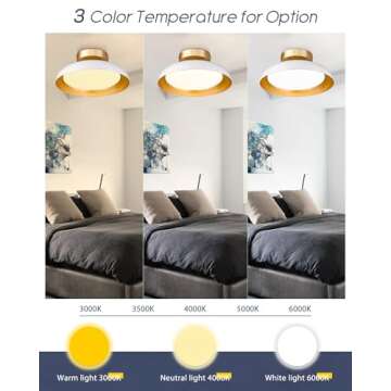 kudos Flush Mount Ceiling Light, 12-inch LED Ceiling Light Fixture, White and Gold Finish, 12W 1200lm Light Fixtures Ceiling Mount for Bedroom, Hallway, 3CCT Adjustable, KDCL01-WT