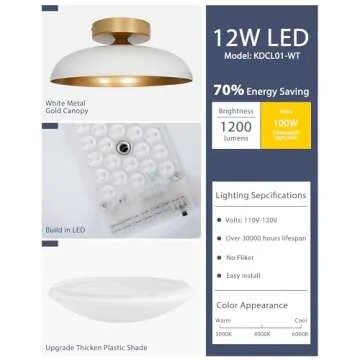 kudos Flush Mount Ceiling Light, 12-inch LED Ceiling Light Fixture, White and Gold Finish, 12W 1200lm Light Fixtures Ceiling Mount for Bedroom, Hallway, 3CCT Adjustable, KDCL01-WT