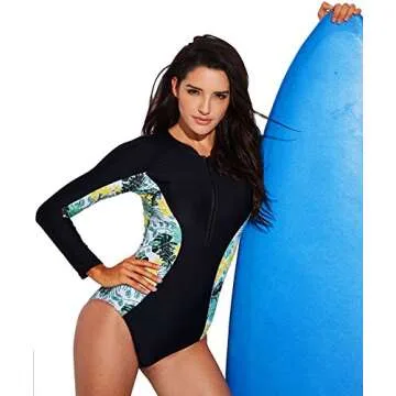 Funnygirl Womens Rashguard Long Sleeve Zip UV Protection Print Surfing Swimsuit Swimwear Bathing Suits, Black&floral Side, L(US:10-12)