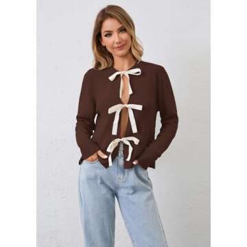 calbatic Women Long Sleeve Bow Tie Front Cardigan Sweater Open Front Knit Pullover Tops Casual 2024 ...