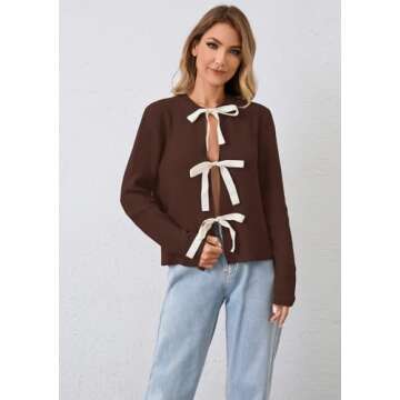 calbatic Women Long Sleeve Bow Tie Front Cardigan Sweater Open Front Knit Pullover Tops Casual 2024 Fall Winter Brown